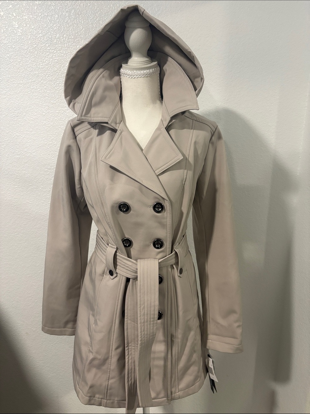 Hooded Double-Breasted Trench Coat in Light Taupe